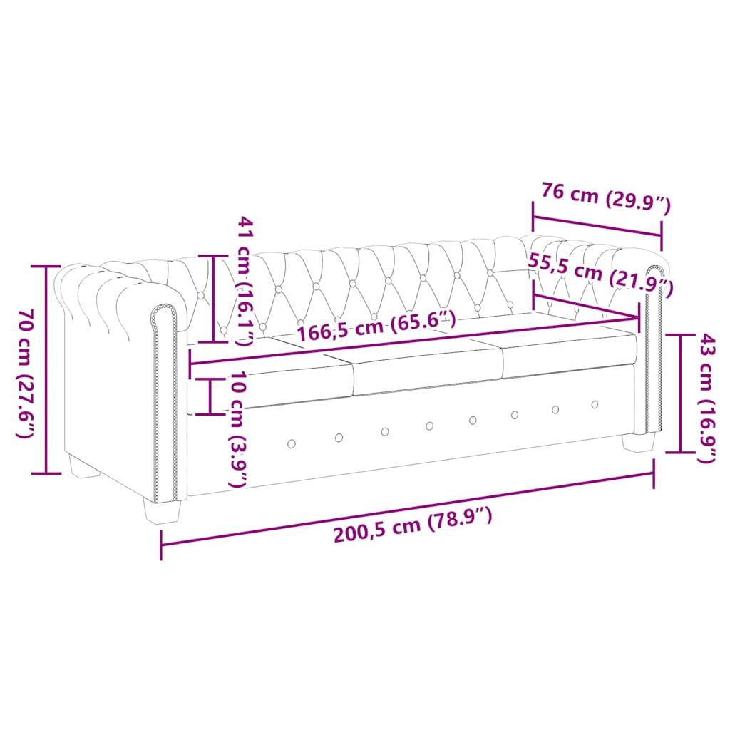 vidaXL Καναπές Τριθέσιος Chesterfield Καφέ από Συνθετικό Δέρμα
