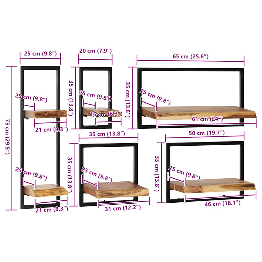 vidaXL Σετ Ραφιών Τοίχου 5 τεμ. Ξύλο Ακακίας / Ατσάλι