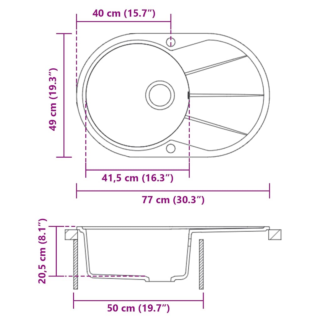 vidaXL Νεροχύτης με Μονή Γούρνα Οβάλ Γκρι Γρανιτένιος