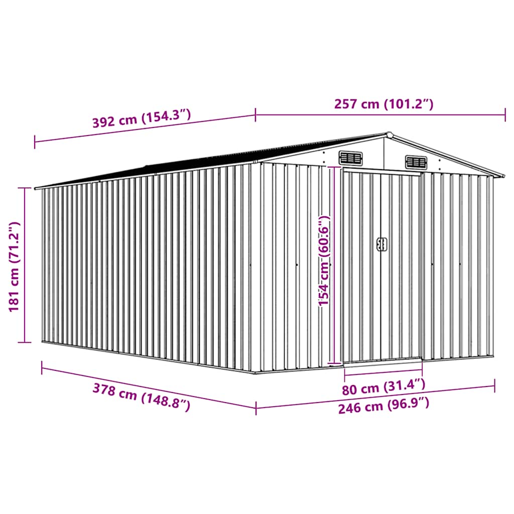 vidaXL Αποθήκη Κήπου Πράσινη 257 x 392 x 181 εκ. από Μέταλλο