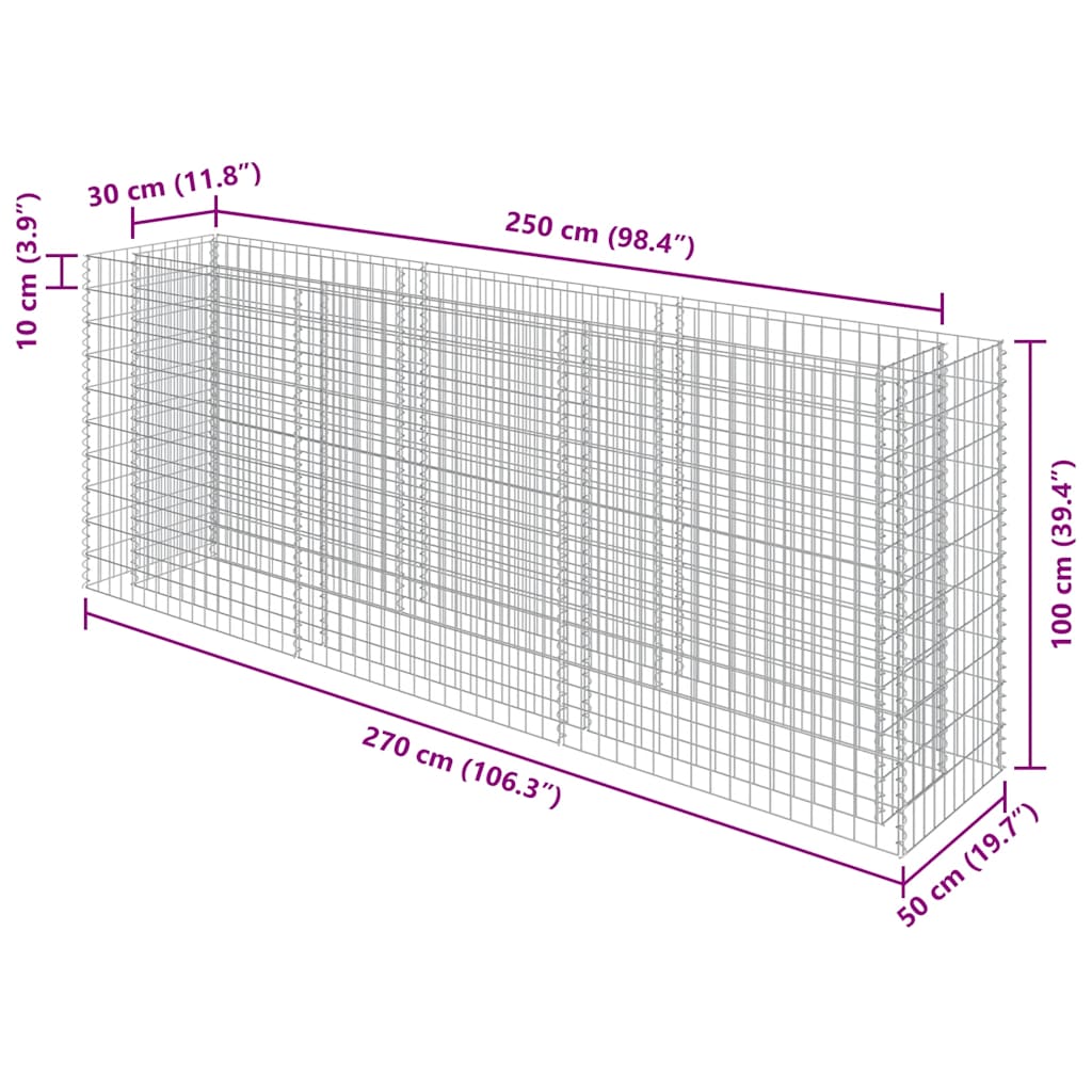 vidaXL Συρματοκιβώτιο-Γλάστρα Υπερυψωμένη 270x50x100 εκ. Γαλβ. Χάλυβας