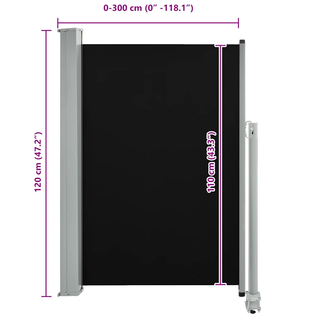 vidaXL Σκίαστρο Πλαϊνό Συρόμενο Βεράντας Μαύρο 120 x 300 εκ.