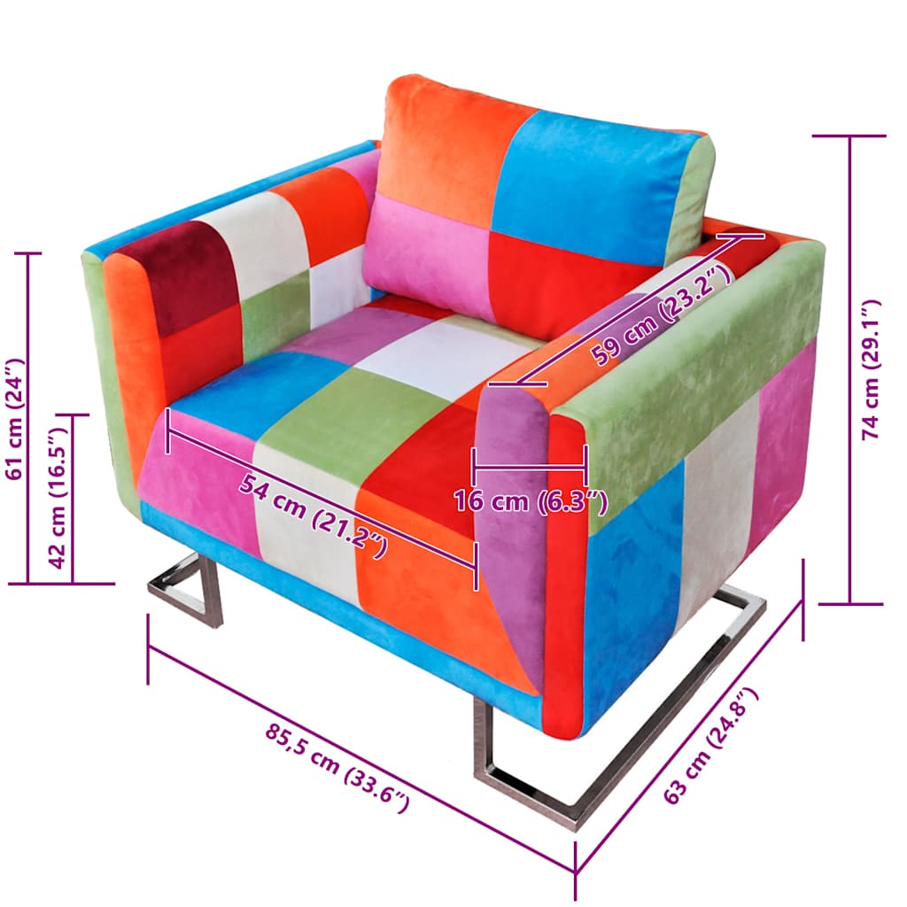 vidaXL Πολυθρόνα Cube με Σχέδιο Patchwork και Πόδια Χρωμίου Υφασμάτινη