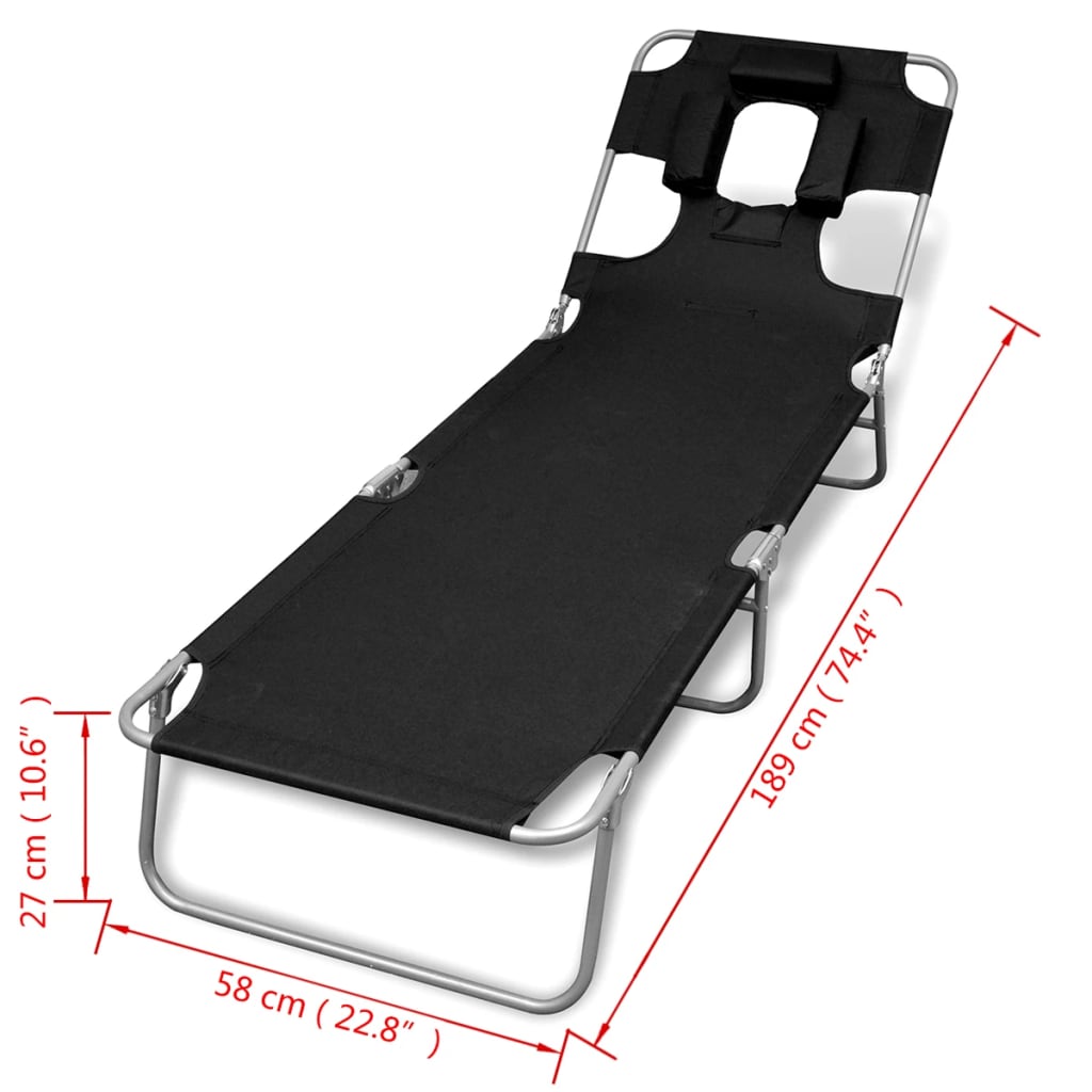 vidaXL Ξαπλώστρα Πτυσσόμενη Μαύρη Ατσάλινη με Ηλεκτρ. Βαφή & Μαξιλάρι