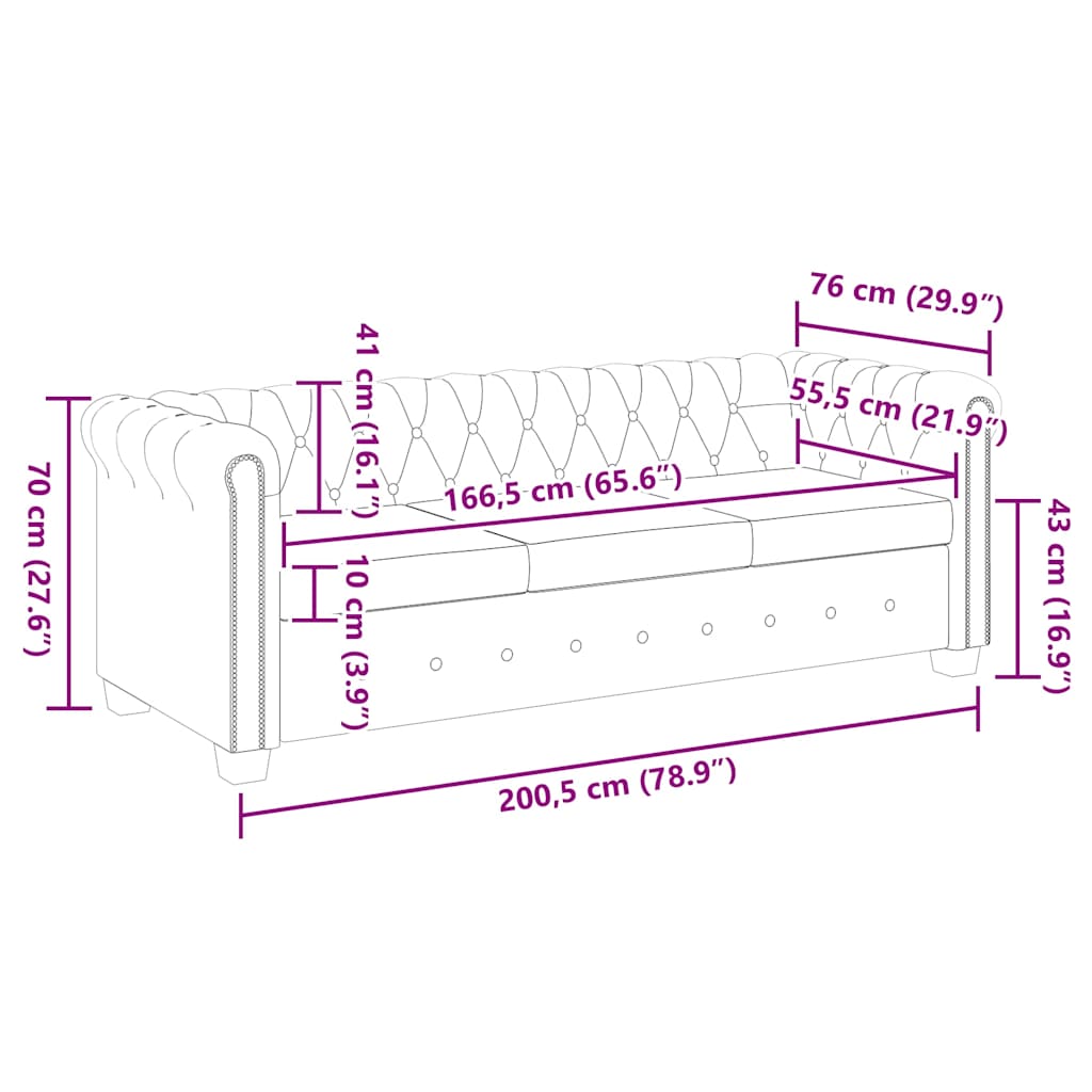 vidaXL Καναπές Τριθέσιος Chesterfield Μαύρος από Συνθετικό Δέρμα