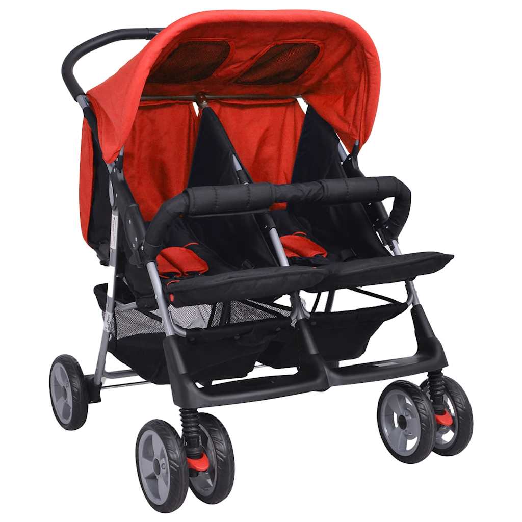 vidaXL Καρότσι Βρεφικό Διδύμων Κόκκινο και Μαύρο Ατσάλινο