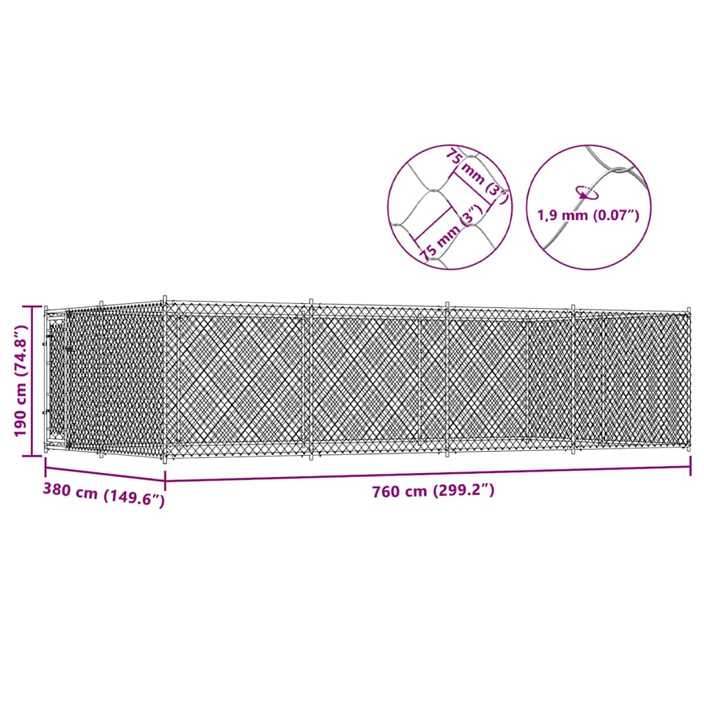 vidaXL Κλουβί Σκύλου Εξωτερικού Χώρου 7,6 x 3,8 x 1,9 μ.