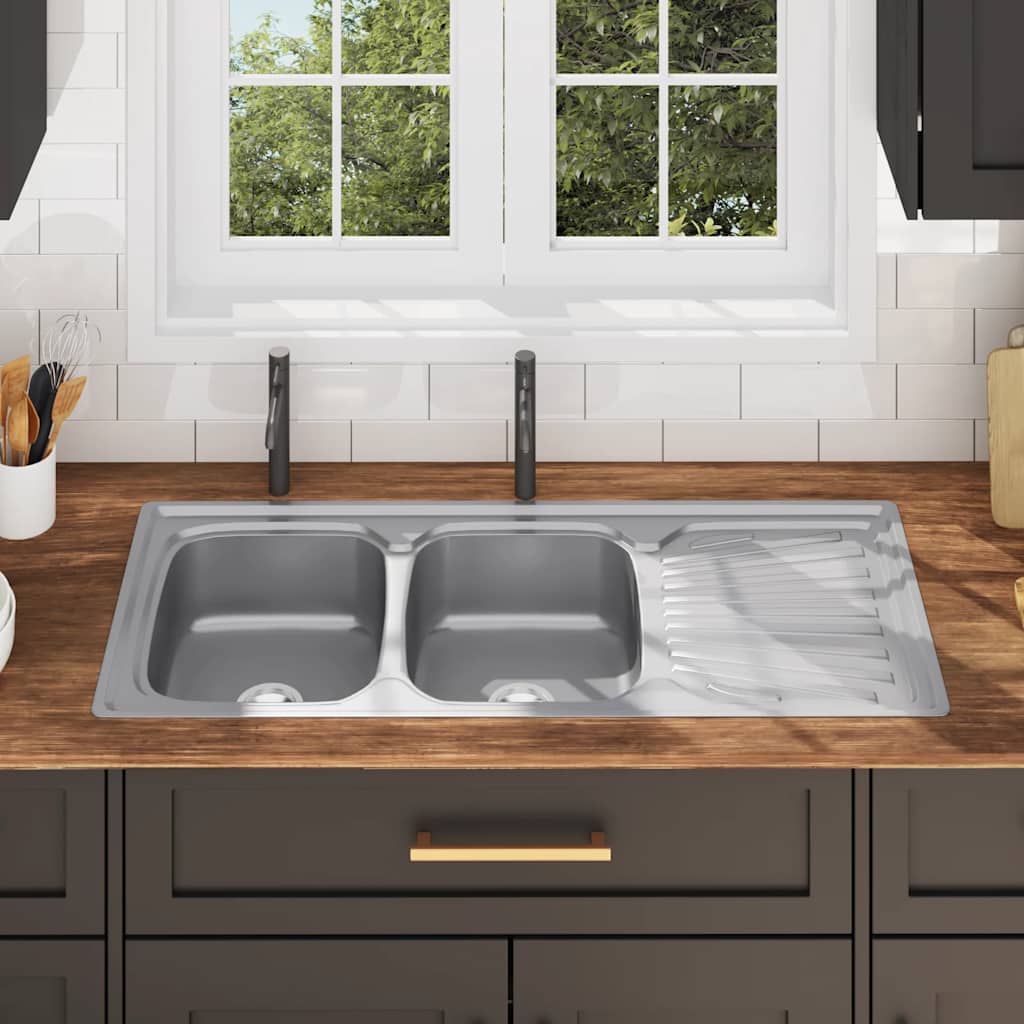 vidaXL Νεροχύτης Κουζίνας Διπλός με Φίλτρο & Σιφόνι Ανοξείδωτο Ατσάλι