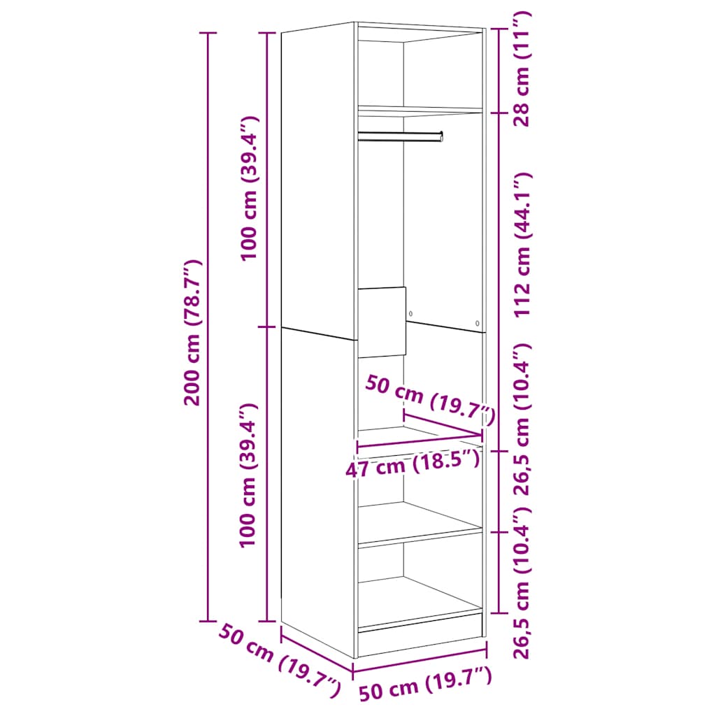 vidaXL Ντουλάπα Μαύρη 50 x 50 x 200 εκ. από Επεξ. Ξύλο