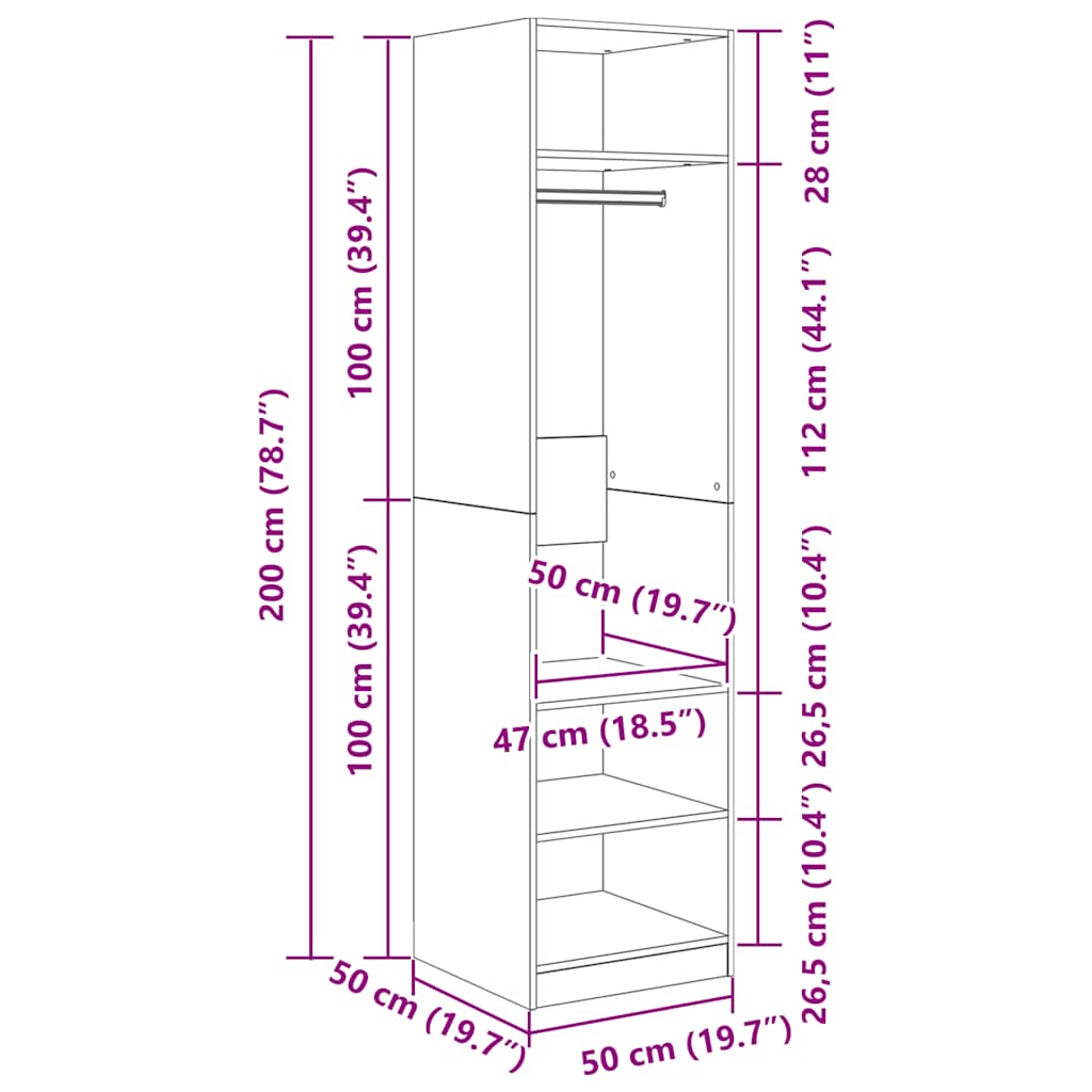 vidaXL Ντουλάπα Γκρι του Σκυροδέματος 50 x 50 x 200 εκ. Επεξ. Ξύλο