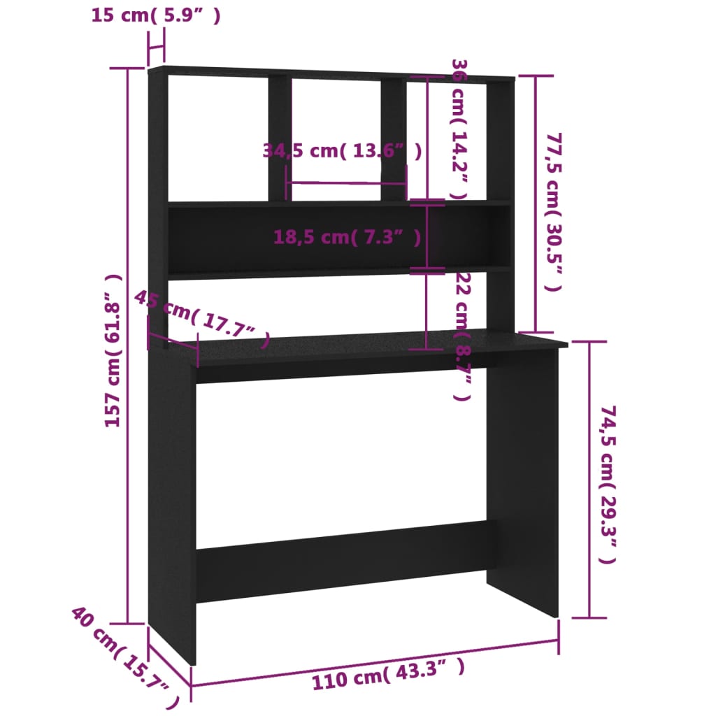 vidaXL Γραφείο με Ράφια Μαύρο 110 x 45 x 157 εκ. από Μοριοσανίδα