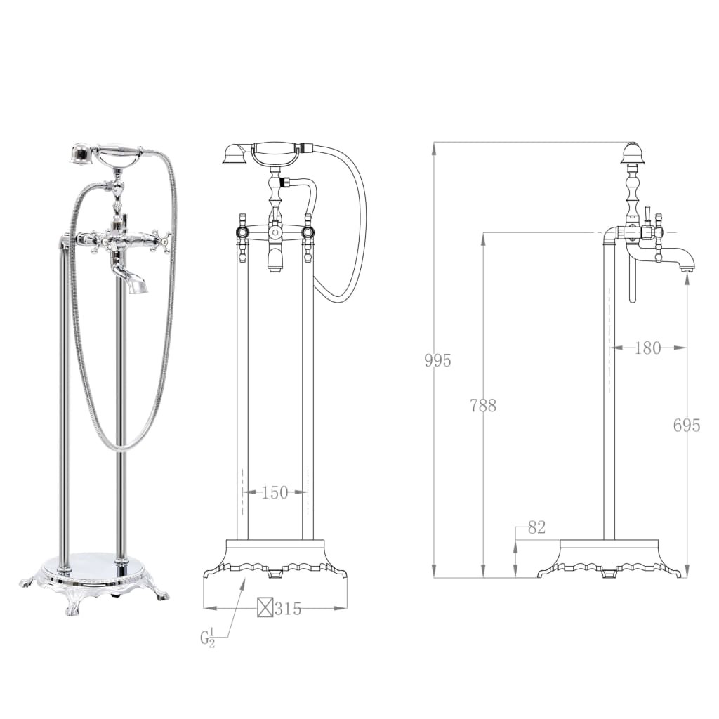 vidaXL Μπαταρία Μπανιέρας Επιδαπέδια Ασημί 99,5 εκ. Ανοξείδωτο Ατσάλι