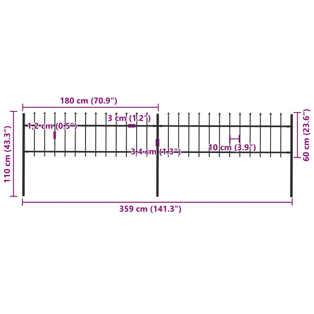 vidaXL Φράχτης Κήπου με Κορυφή Δόρυ Μαύρος Ατσάλινος 359 x 60 εκ.