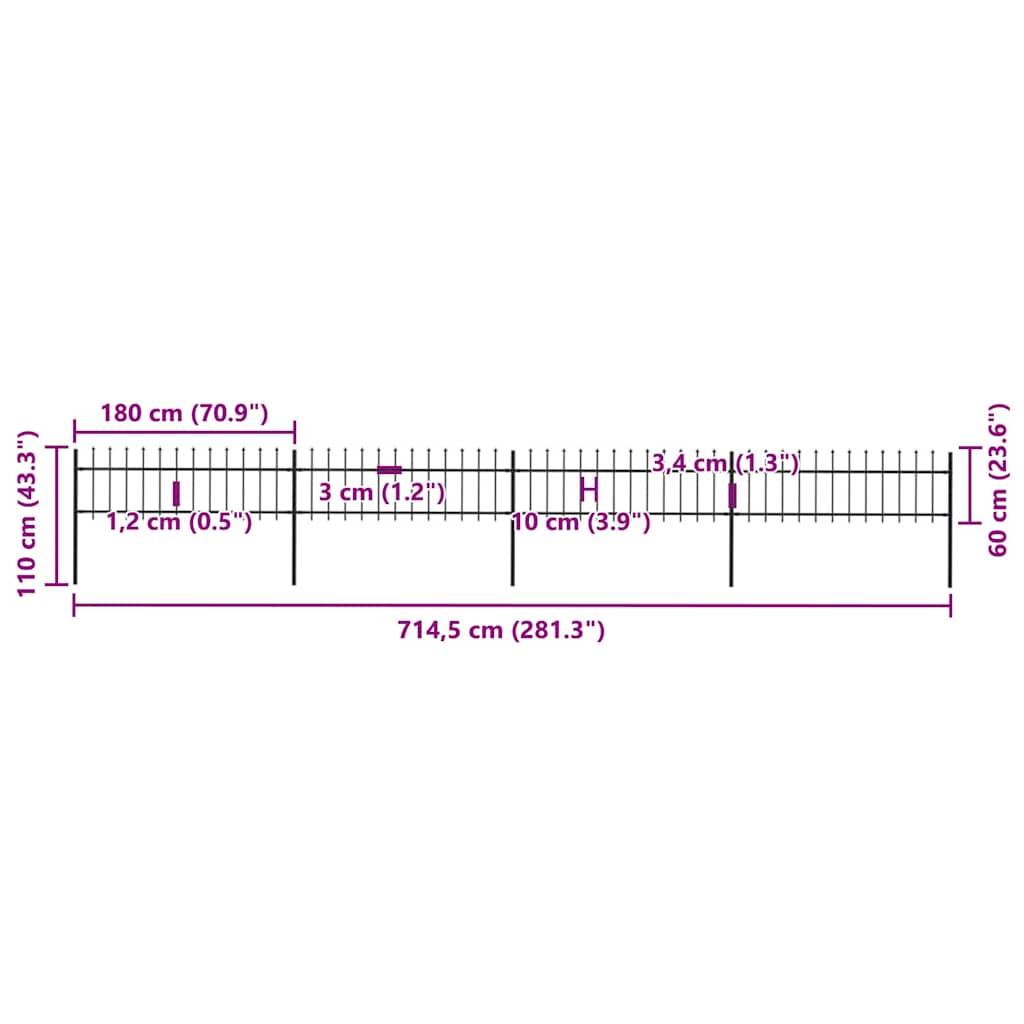 vidaXL Φράχτης Κήπου με Κορυφή Δόρυ Μαύρος Ατσάλινος 714,5 x 60 εκ.