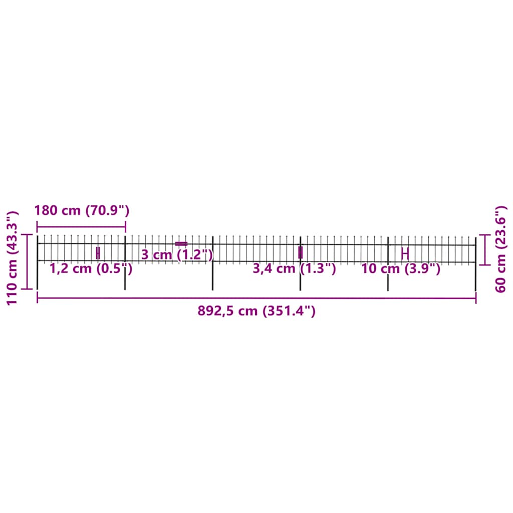 vidaXL Φράχτης Κήπου με Κορυφή Δόρυ από Ατσάλι 892,5x60 εκ. Μαύρος