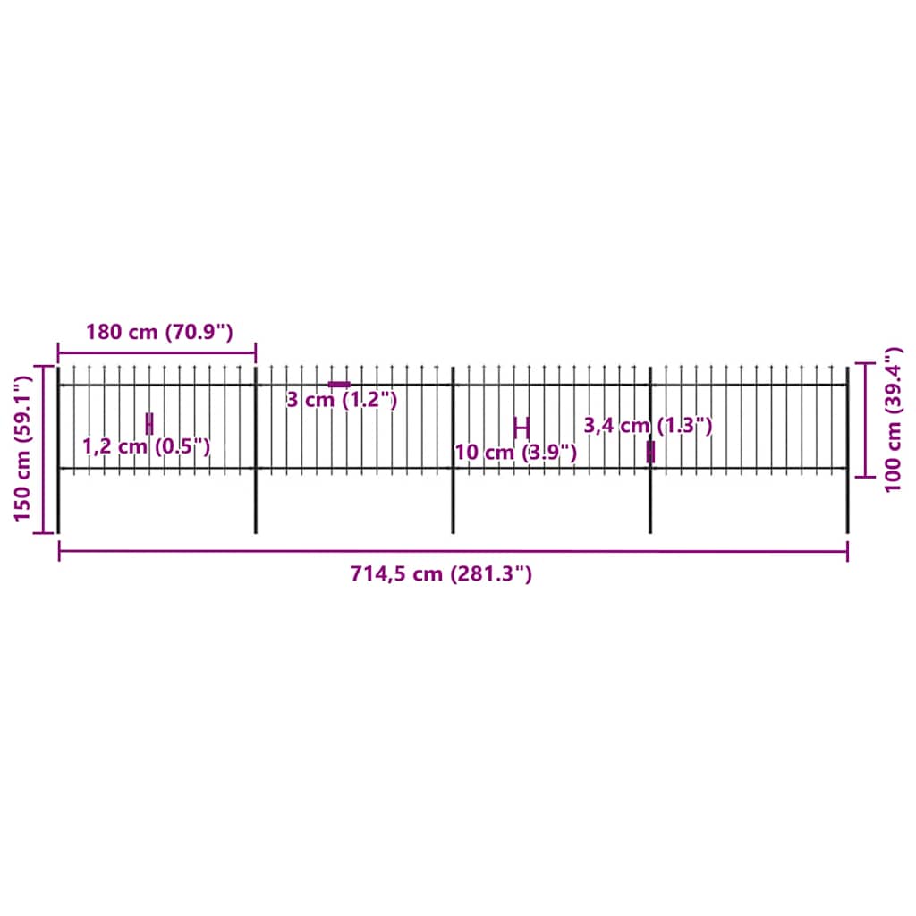 vidaXL Φράχτης Κήπου με Κορυφή Δόρυ από Ατσάλι 714,5 x 100 εκ. Μαύρος