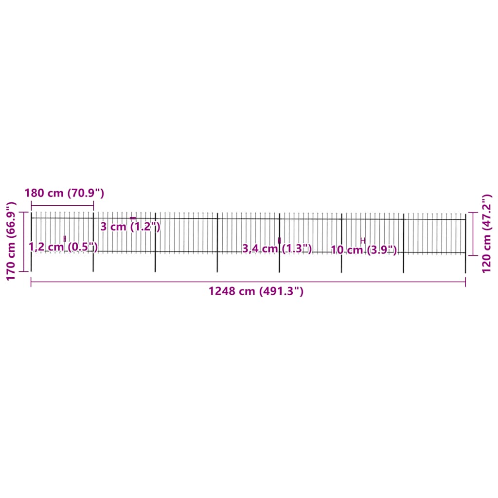 vidaXL Φράχτης Κήπου με Κορυφή Δόρυ Μαύρος Ατσάλινος 1248 x 120 εκ.