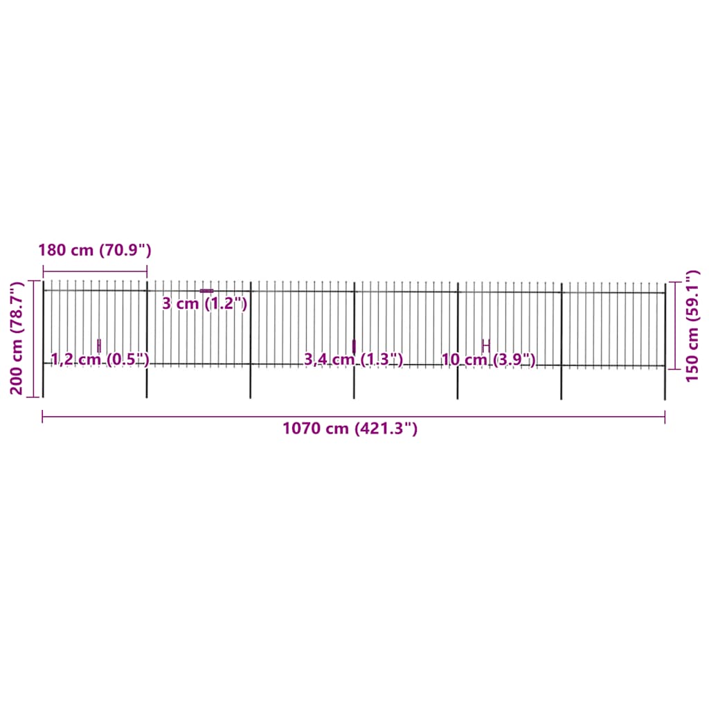 vidaXL Φράχτης Κήπου με Κορυφή Δόρυ Μαύρος Ατσάλινος 1070 x 150 εκ.