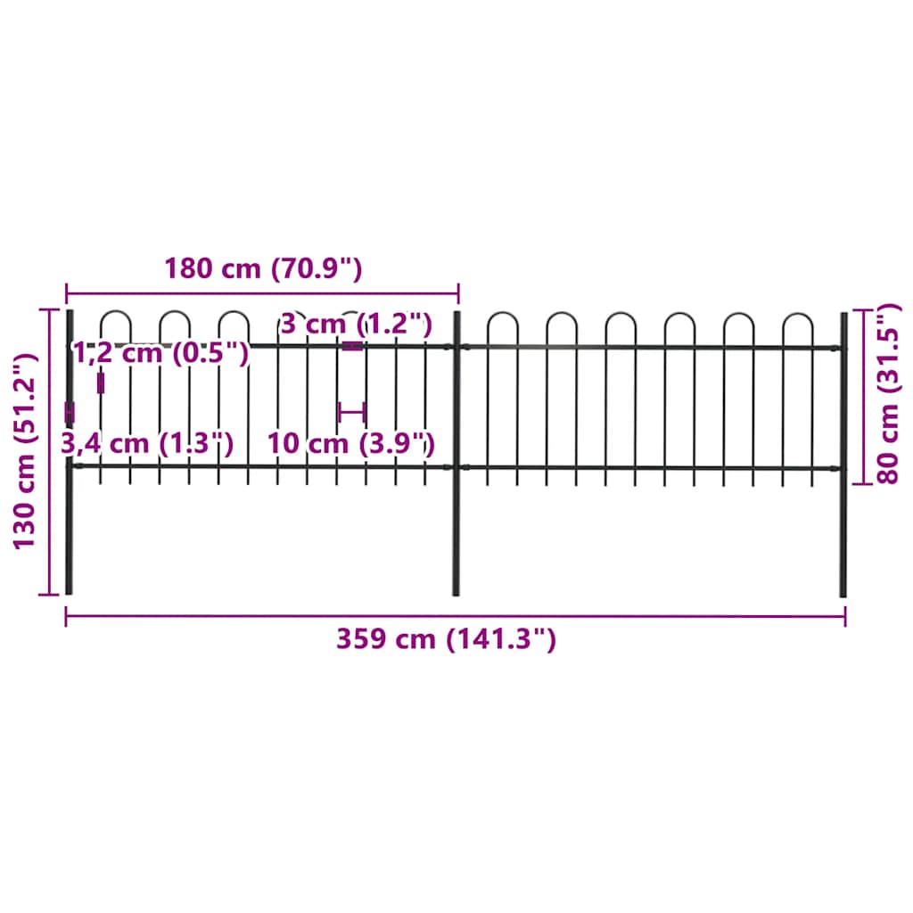 vidaXL Φράχτης Κήπου με Κορυφή από Ατσάλι 359 x 80 εκ. Μαύρος