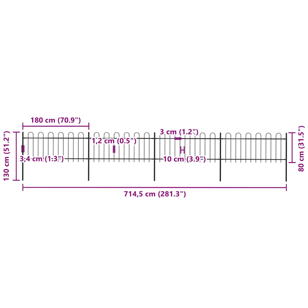 vidaXL Φράχτης Κήπου με Κορυφή από Ατσάλι 714,5x80 εκ. Μαύρος
