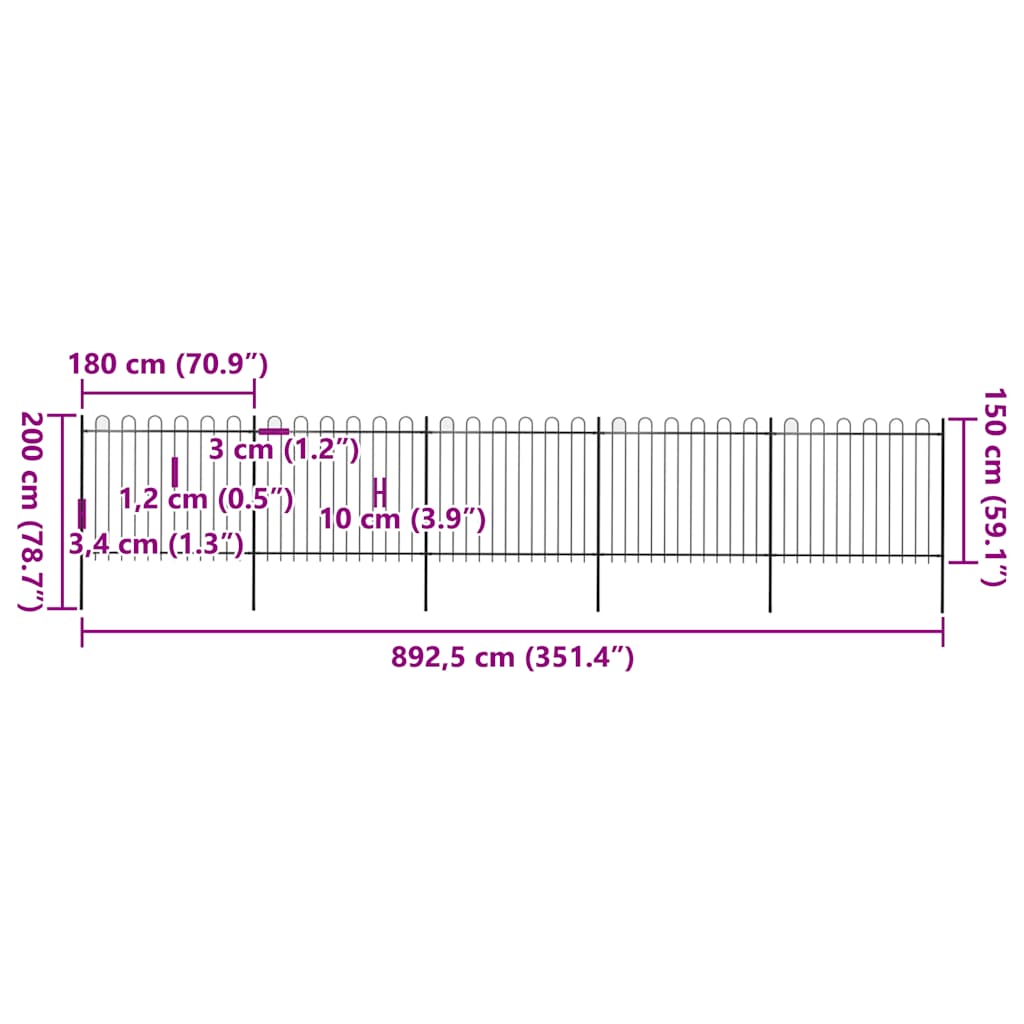 vidaXL Φράχτης Κήπου με Κορυφή από Ατσάλι 892,5 x 150 εκ. Μαύρος