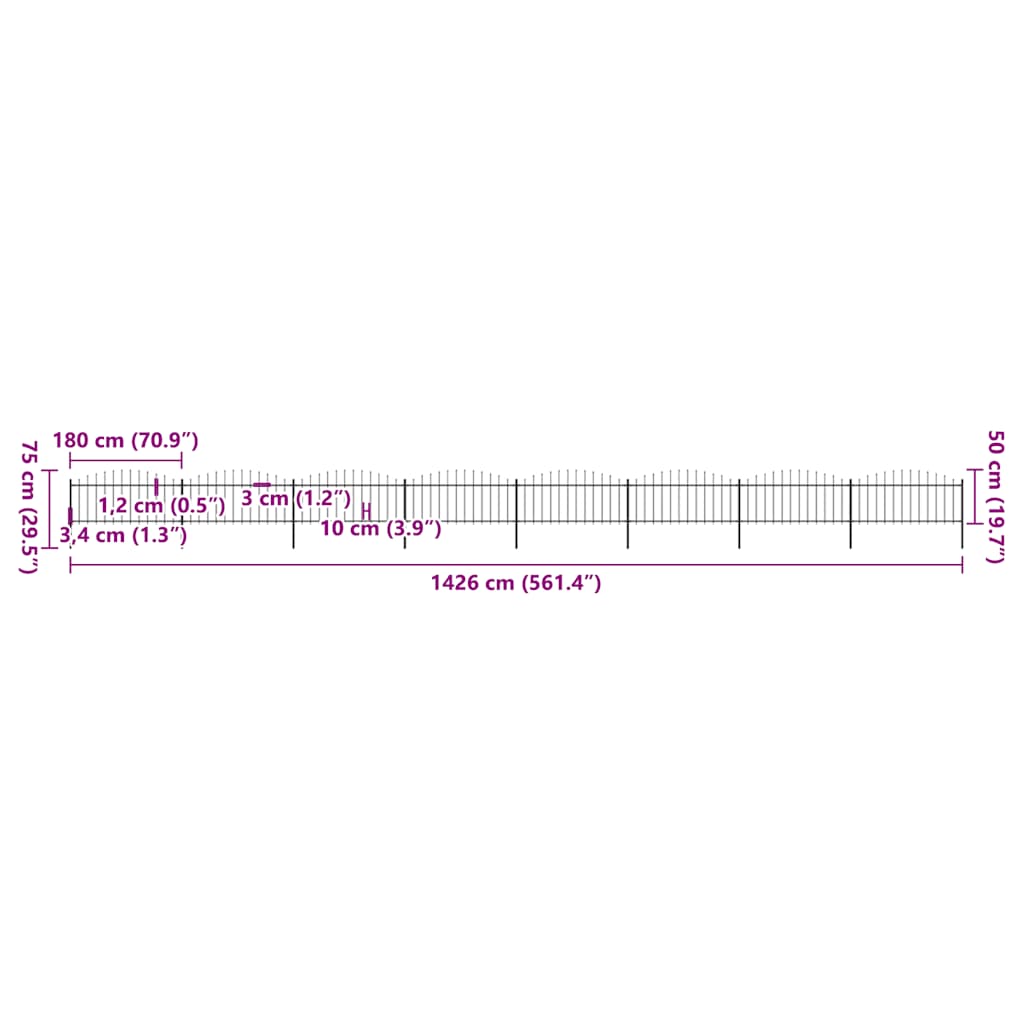 vidaXL Φράχτης Κήπου με Κορυφή Δόρυ Μαύρος Ατσάλινος 1426 x 75 εκ.