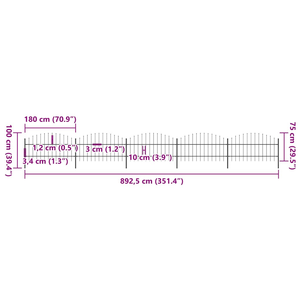 vidaXL Φράχτης Κήπου με Κορυφή Δόρυ από Ατσάλι 892,5 x 100 εκ. Μαύρος