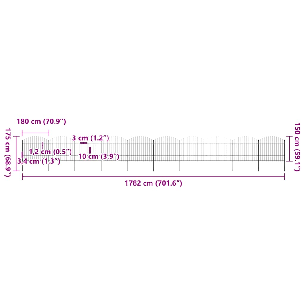vidaXL Φράχτης Κήπου με Κορυφή Δόρυ από Ατσάλι 1673 x 175 εκ. Μαύρος