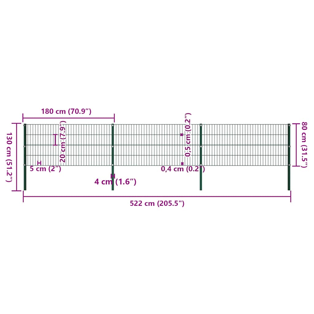 vidaXL Πάνελ Περίφραξης με Στύλους Σιδερένιο Πράσινο 522 x 80 εκ.