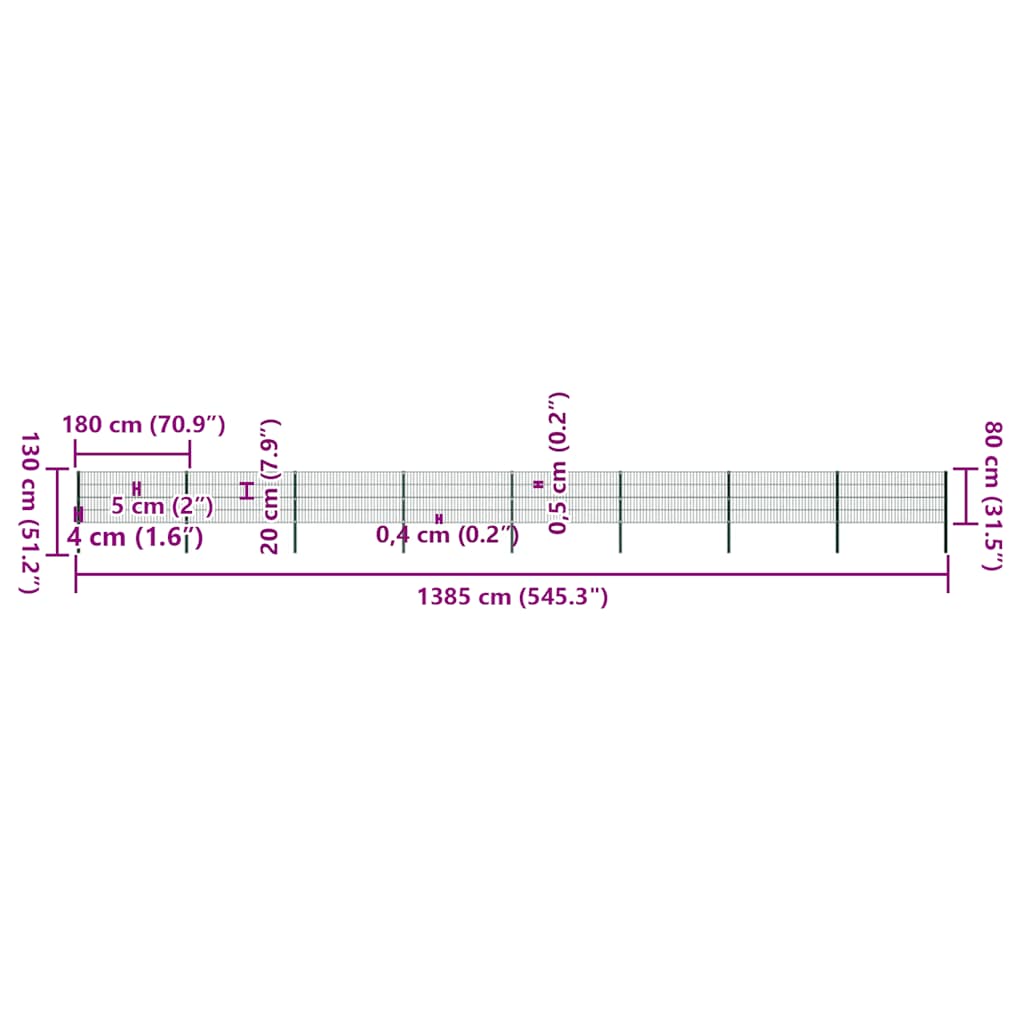 vidaXL Πάνελ Περίφραξης με Στύλους Σιδερένιο Πράσινο 1385 x 80 εκ.