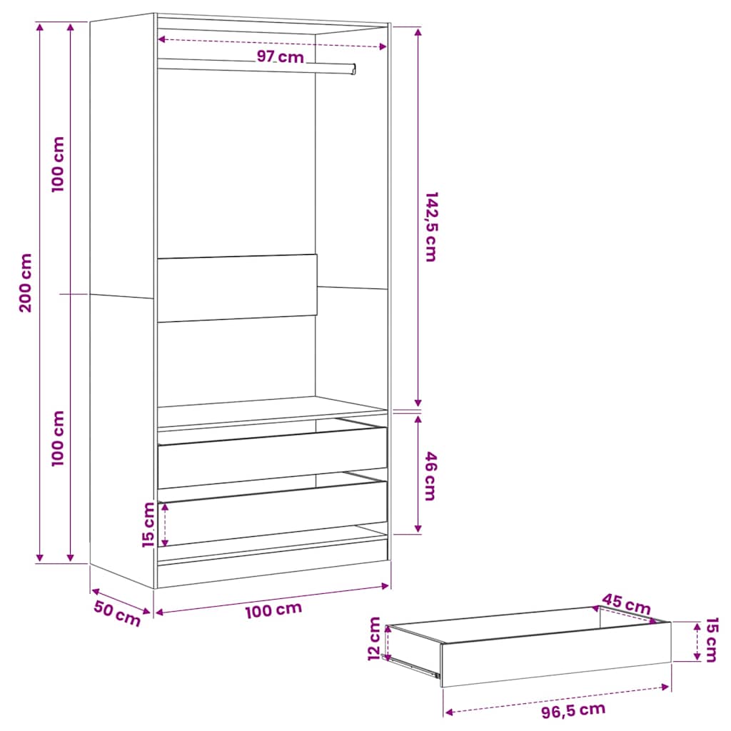 vidaXL Ντουλάπα Μαύρη 100 x 50 x 200 εκ. από Επεξ. Ξύλο