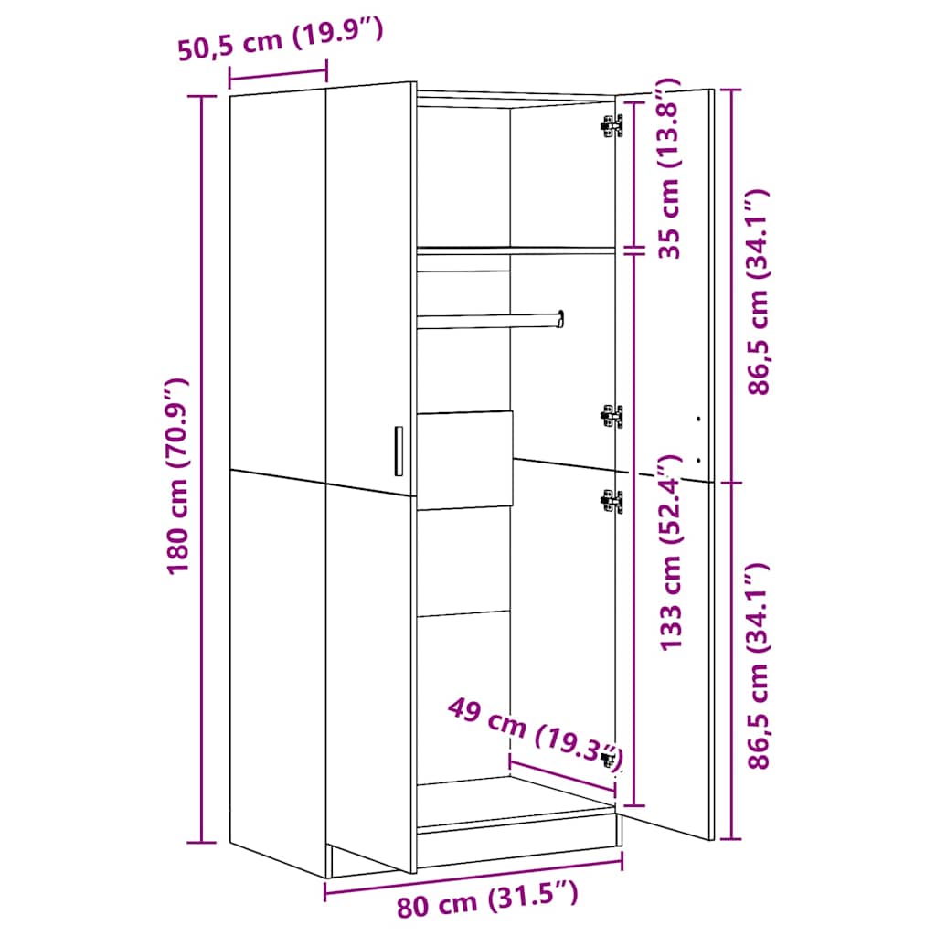 vidaXL Ντουλάπα Μαύρη 80 x 52 x 180 εκ. από Επεξ. Ξύλο