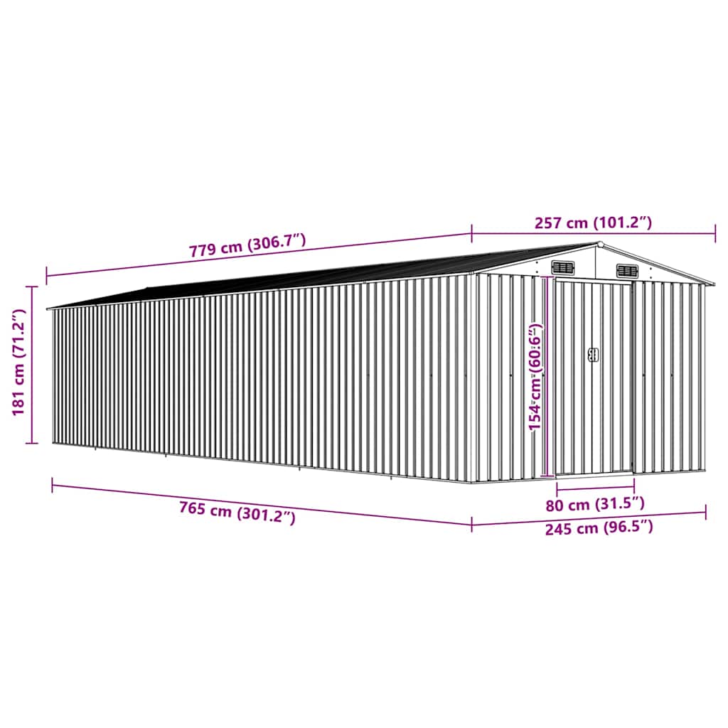 vidaXL Αποθήκη Κήπου Γκρι 257 x 779 x 181 εκ. από Γαλβανισμένο Ατσάλι