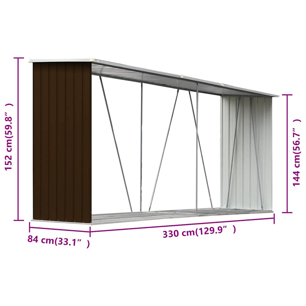 vidaXL Υπόστεγο Αποθήκευσης Ξύλων Κήπου Καφέ 330 x 84 x 152 εκ. Ατσάλι