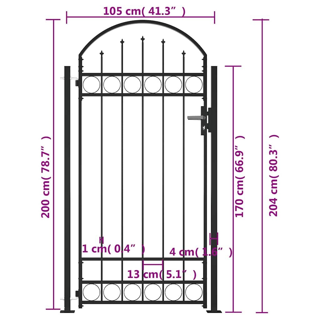 vidaXL Καγκελόπορτα με Αψιδωτή Κορυφή και 2 Στύλους Μαύρη 105x204 εκ.
