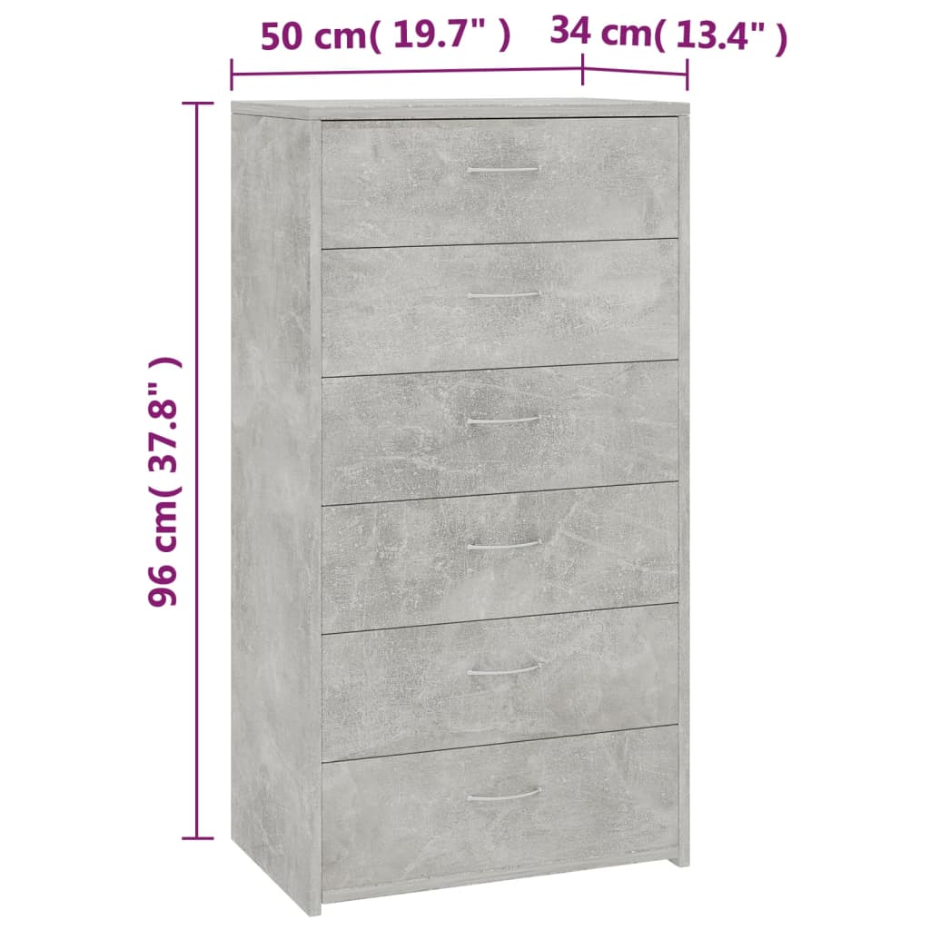 vidaXL Συρταριέρα με 6 Συρτάρια Γκρι Σκυροδ. 50x34x96 εκ. Επεξ. Ξύλο