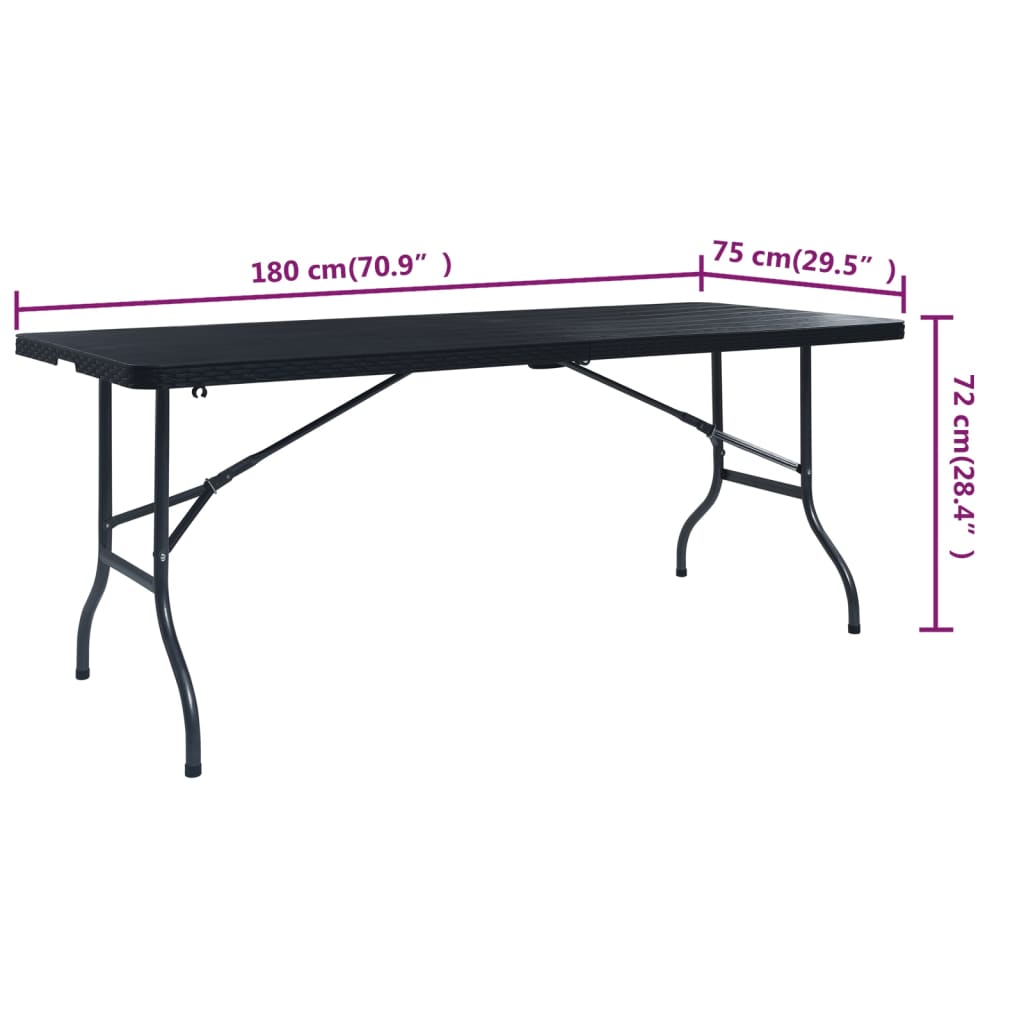 vidaXL Τραπέζι Κήπου Πτυσσόμ. Μαύρο 180x75x72 εκ. HDPE Απομίμηση Ρατάν
