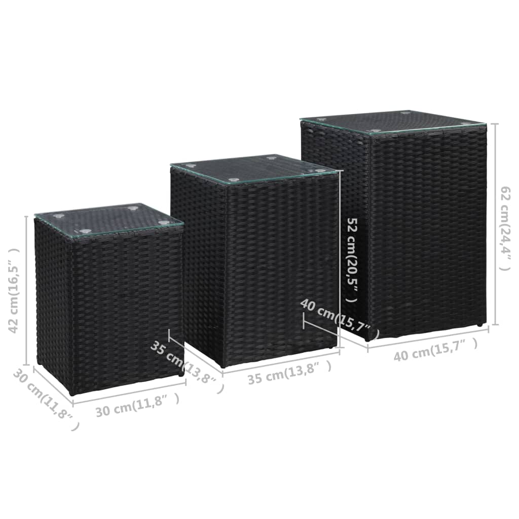 vidaXL Τραπεζάκια 3 τεμ. Μαύρα Συνθετικό Ρατάν με Γυάλινη Επιφάνεια