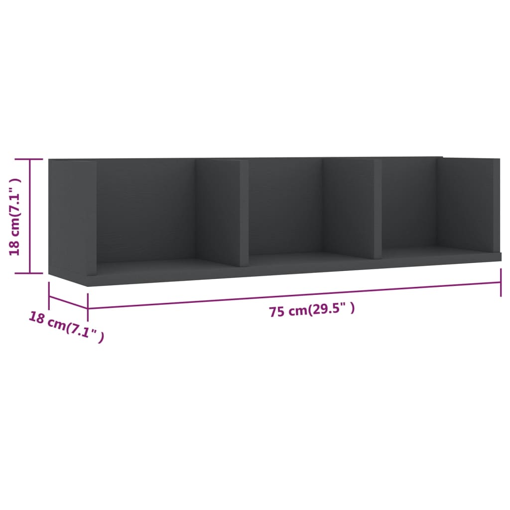 vidaXL Ράφι Τοίχου για CD Γκρι 75 x 18 x 18 εκ. από Επεξ. Ξύλο
