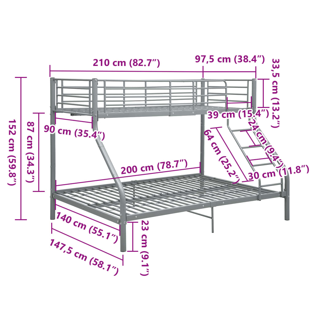 vidaXL Πλαίσιο Κουκέτας Γκρι 140x200 εκ. / 90x200 εκ. Μεταλλικό