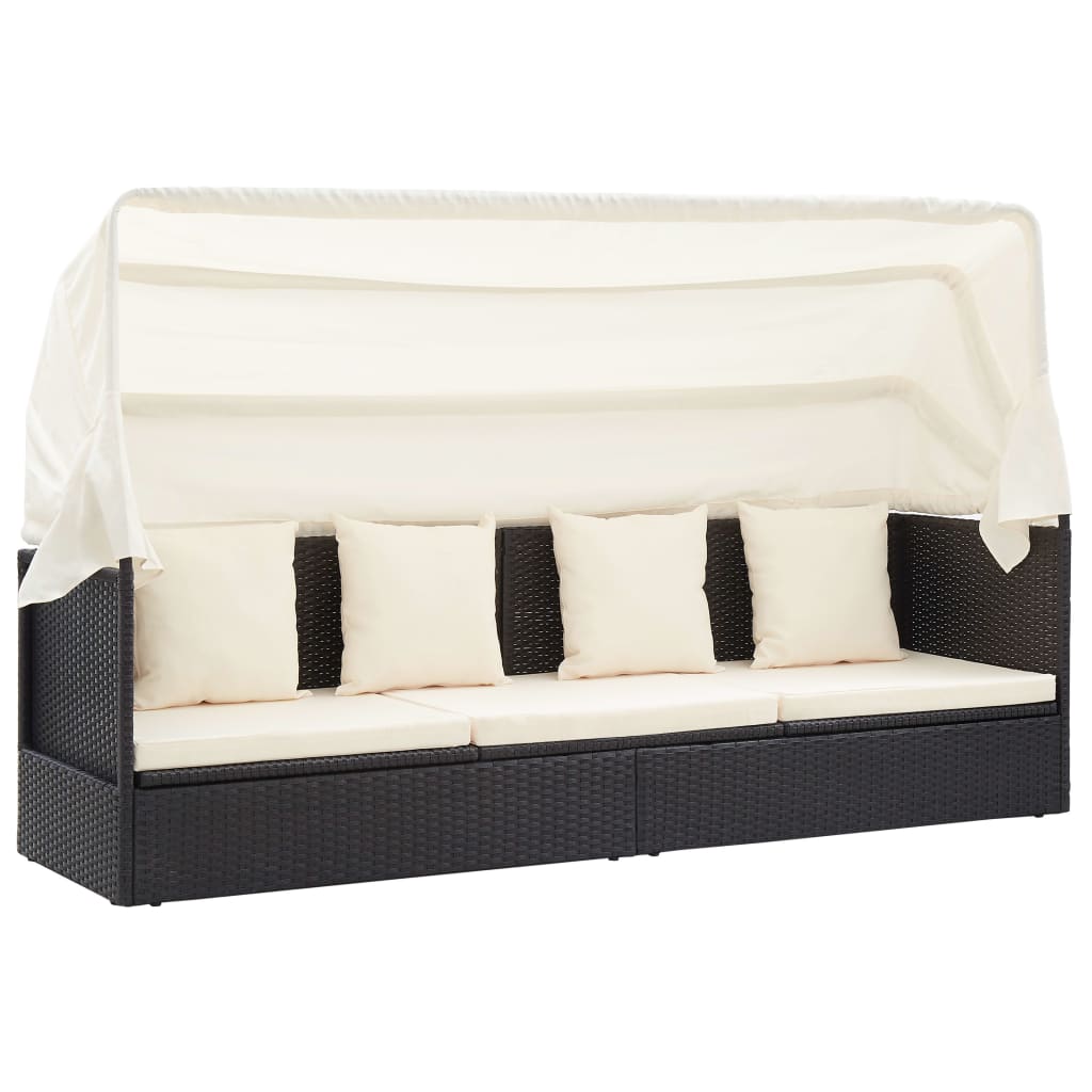 vidaXL Ξαπλώστρα Κήπου με Οροφή Μαύρη από Συνθετικό Ρατάν