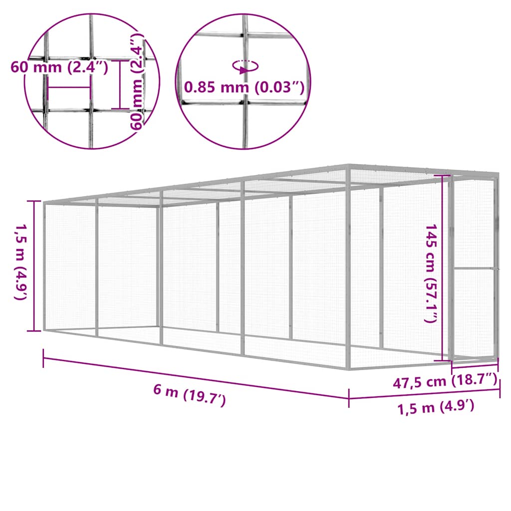 vidaXL Κλουβί Γάτας 6 x 1,5 x 1,5 μ. από Γαλβανισμένο Χάλυβα