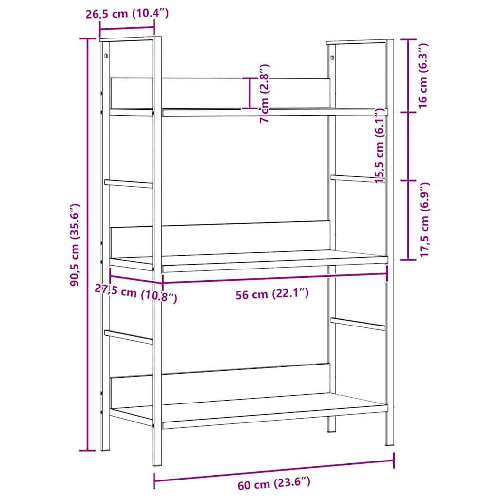 vidaXL Ραφιέρα 3 Επιπέδων Μαύρη 60x27,6x90,5 εκ. Επεξεργασμένο Ξύλο