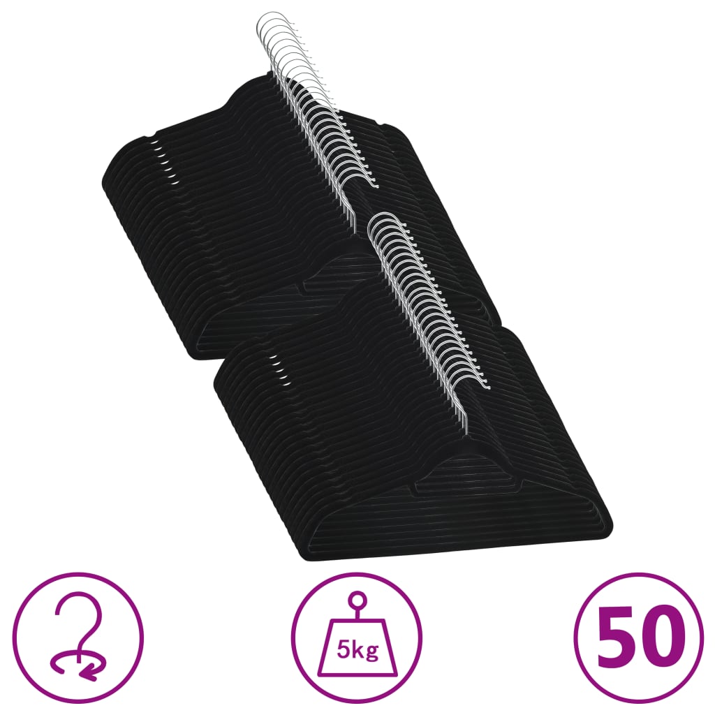vidaXL Κρεμάστρες Ρούχων Σετ 50 τεμ. Αντιολισθητικές Μαύρες Βελούδο