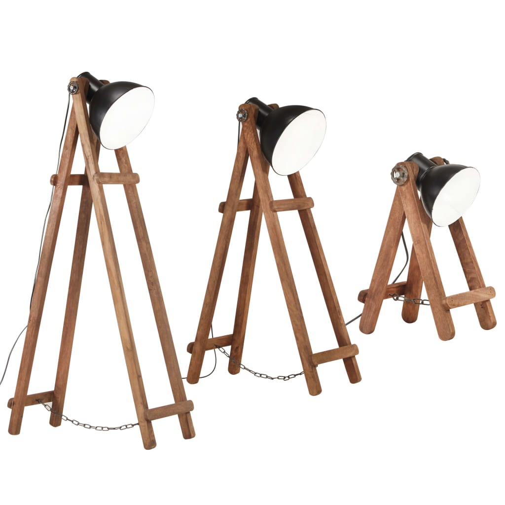 vidaXL Φωτιστικά Δαπέδου 3 τεμ. Μαύρα από Μασίφ Ξύλο Μάνγκο E27