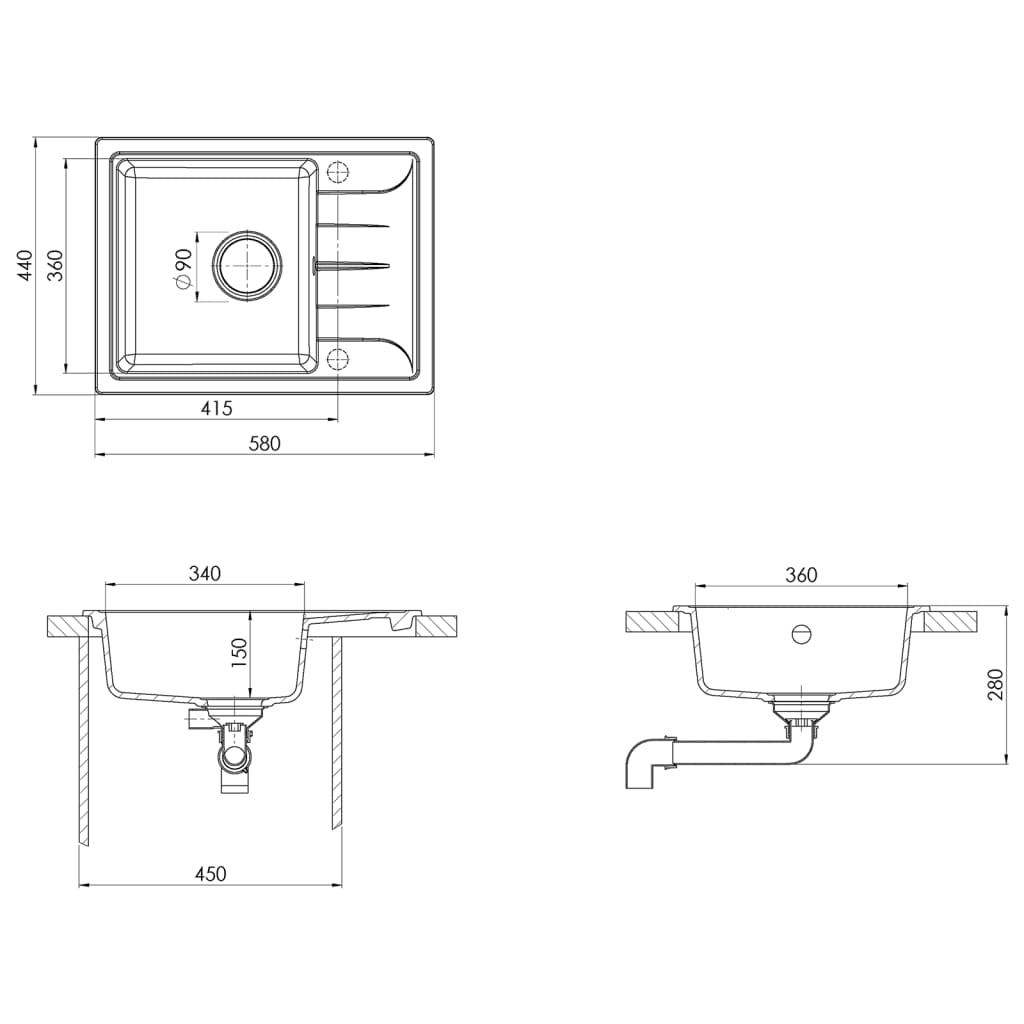 vidaXL Νεροχύτης με Οπή Υπερχείλισης Οβάλ Γκρι Γρανιτένιος