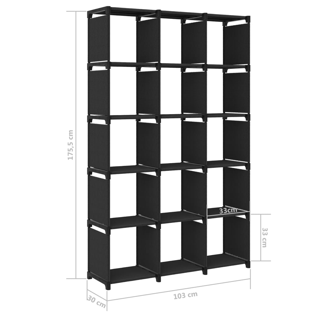 vidaXL Ραφιέρα με 15 Κύβους & Κουτιά Μαύρη 103x30x175,5 εκ. Υφασμάτινη