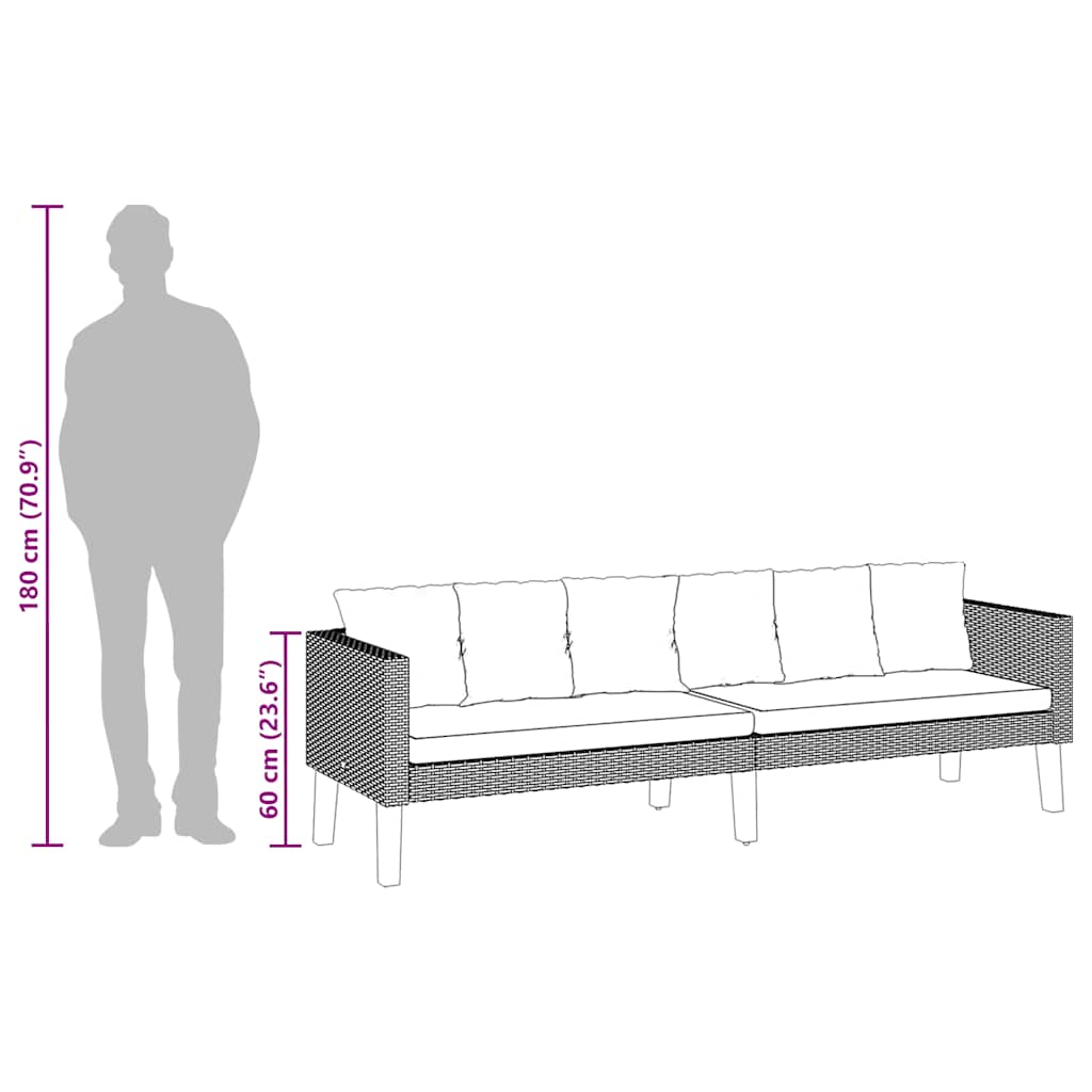 vidaXL Καναπές Κήπου Τριθέσιος Μαύρος από Συνθετικό Ρατάν με Μαξιλάρια