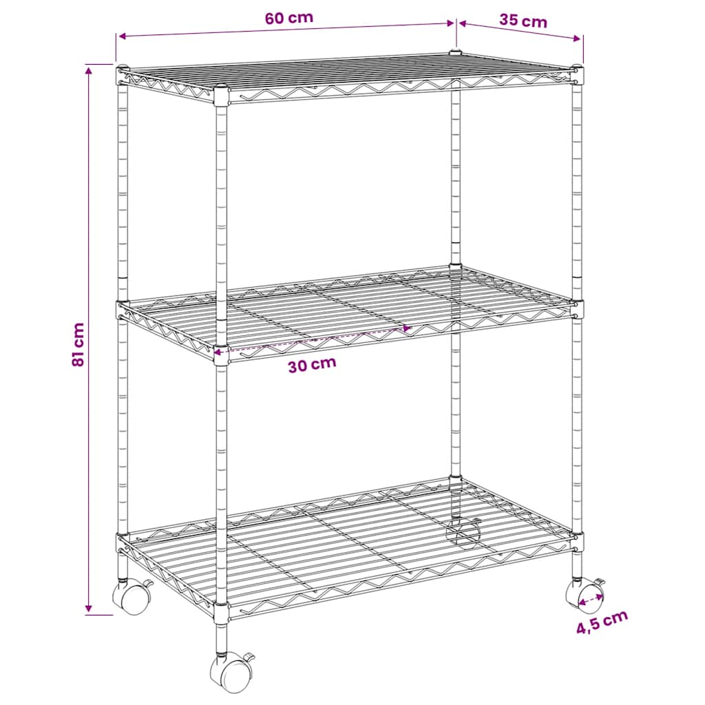 vidaXL Ραφιέρα 3 Επιπέδων με Τροχούς Μαύρη 60x35x81 εκ. 150 κ.