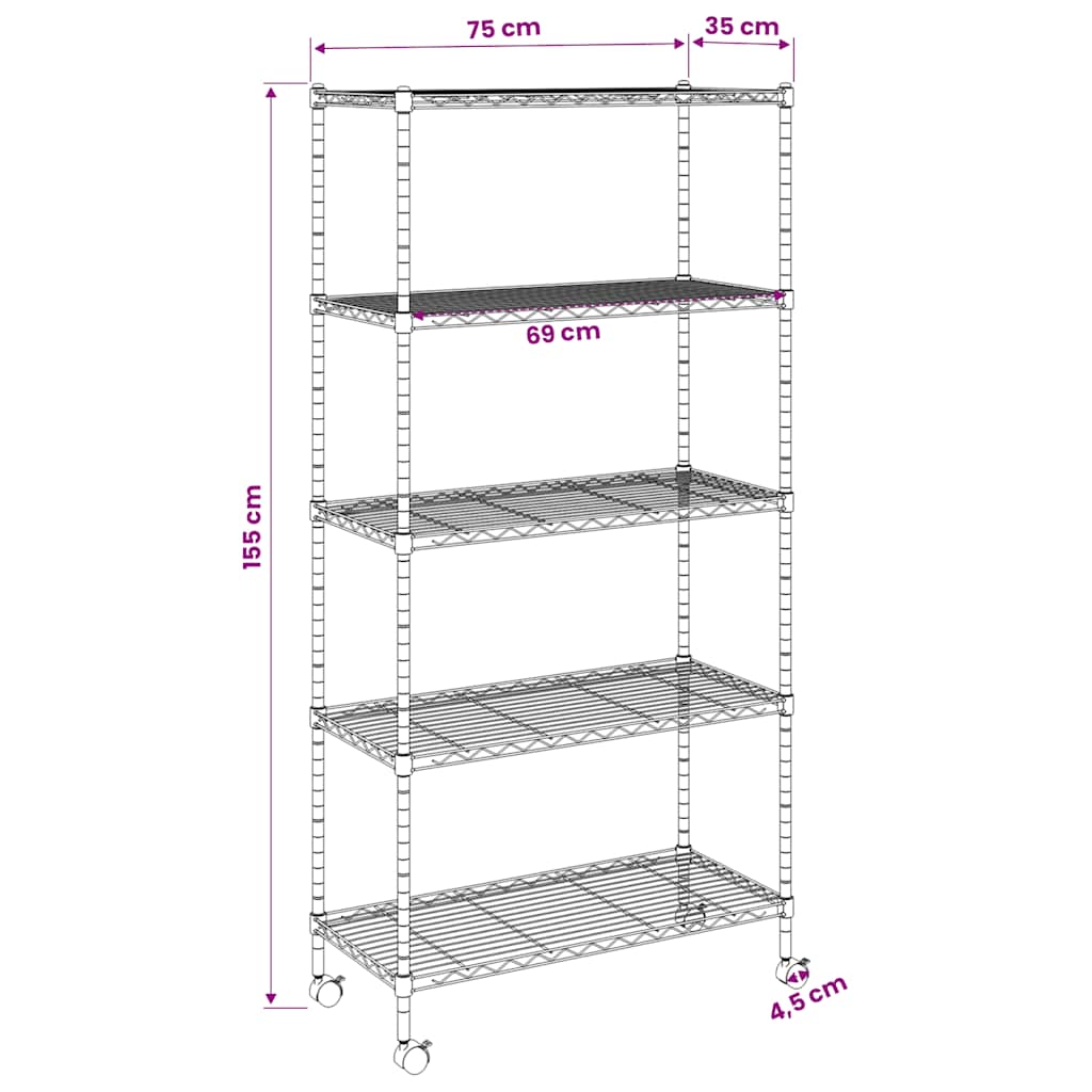 vidaXL Ραφιέρα 5 Επιπέδων με Τροχούς Χρωμέ 75x35x155 εκ. 250 κ.